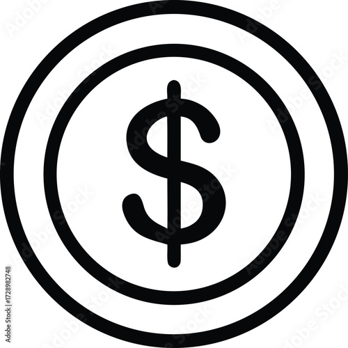 A simplistic black and white icon of a dollar coin, showcasing its monetary value. The circle coin with the dollar sign $.