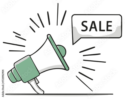 Illustration of a megaphone announcing a sale with speech bubble and sound waves