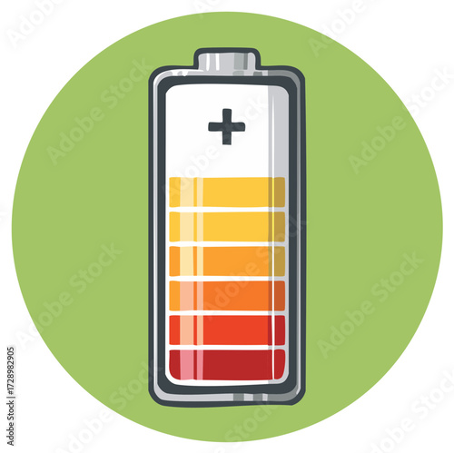 Battery indicator, full charge illustration, energy bar icon on green circle, positive sign.