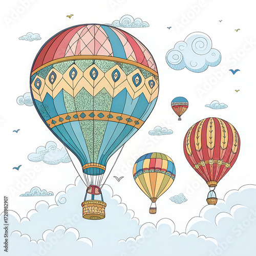 Illustrated hot air balloons floating in the sky with clouds and birds around