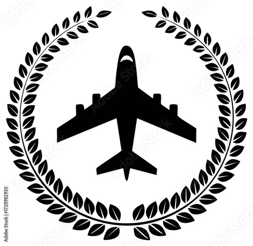 Aircraft silhouette inside laurel wreath decorative travel transportation design concept