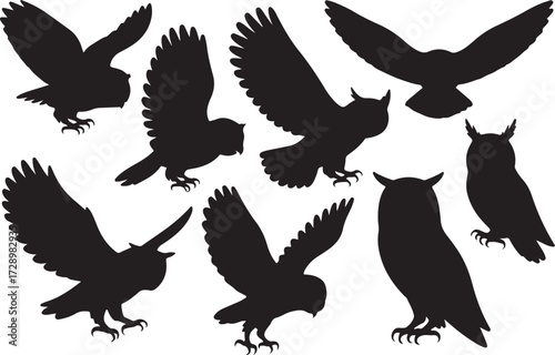 Cute funny silhouette vector set of various Owl birds illustration. owl icon set.