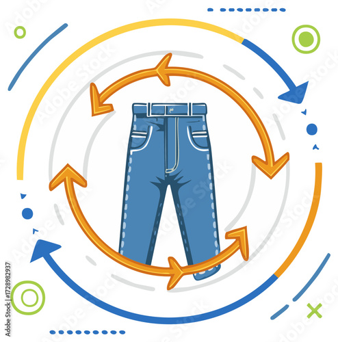 Sustainable fashion and circular economy concept with denim jeans recycling icon