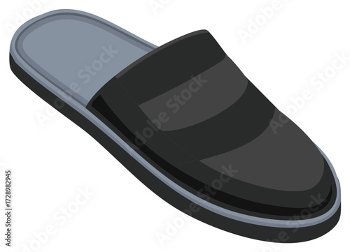 Isometric vector illustration of a single black and gray house slipper