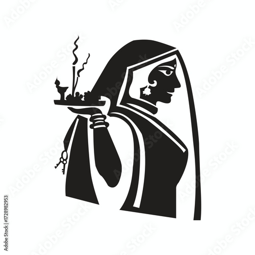 Silhouette of an indian woman in profile holding a tray with incense sticks and a small idol, isolated on white background