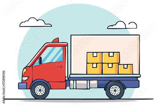 Red delivery truck carrying yellow boxes with clouds in the background flat design