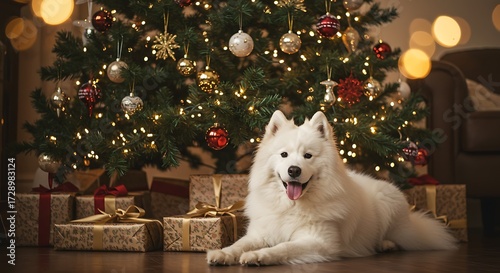 Fluffy white dog rests by decorated christmas tree and wrapped gifts indoors