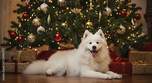 Fluffy white dog relaxes near christmas tree decorations and wrapped presents