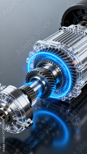 Close up of electric motors and drive axles for new energy vehicles