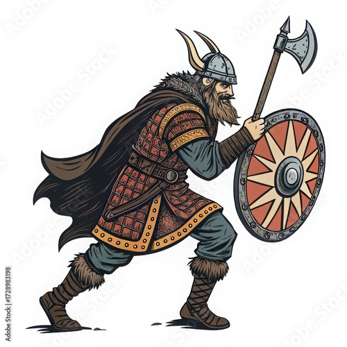 Illustration of a viking warrior with axe and shield on a white background
