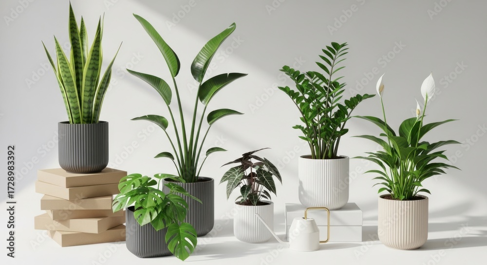 Fototapeta premium Collection of various potted houseplants in modern pots, isolated on white background