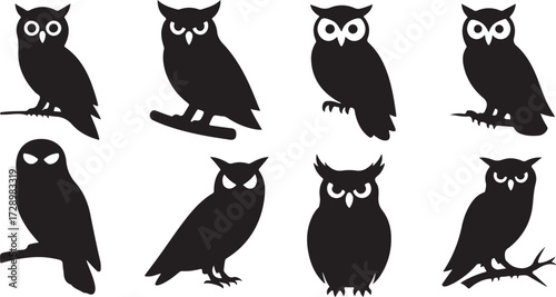 Cute funny silhouette vector set of various Owl birds illustration. owl icon set.