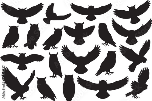 Cute funny silhouette vector set of various Owl birds illustration. owl icon set.