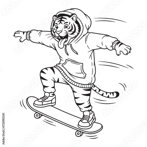 Tiger Skateboarder: A dynamic black and white illustration captures a tiger, stylishly dressed in a hoodie, skateboarding with infectious enthusiasm.