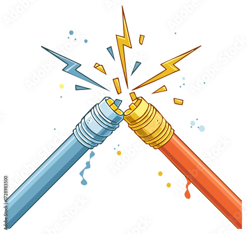 Two cartoon energy conduits sparking with light and colors in a stylized battle illustration.