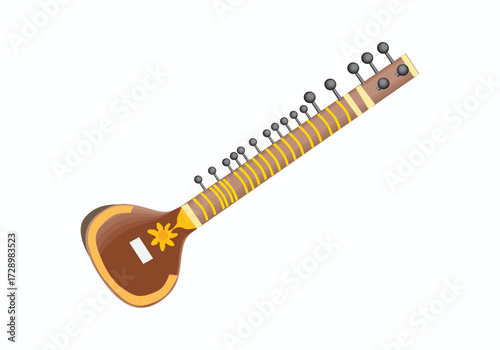 Sitar, a plucked stringed instrument, isolated on white background