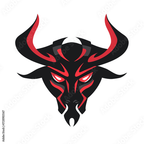 Stylized black bull head with red accents and glowing red eyes