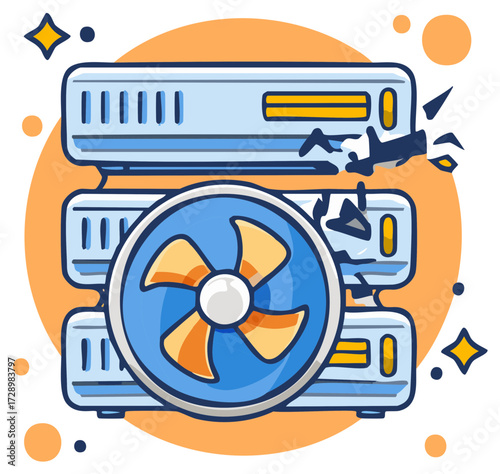 Cartoon illustration of a data server with a fan, damaged, sparks and an orange backdrop.
