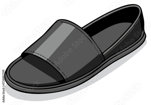 Single Black Slide Sandal Footwear on White Background, Unisex Slippers Flat Fashion Shoes