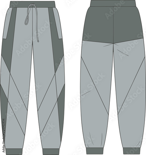 Technical Fashion Flat Drawing of Athletic Jogger Pants with Striking Geometric Color Block Panels, an Elastic Drawstring Waist, and Ribbed Cuffs for Streetwear Design Vector.