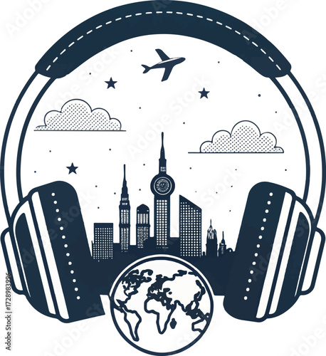 Cityscape with Headphones and Airplane – Global Travel and Music Lifestyle Concept