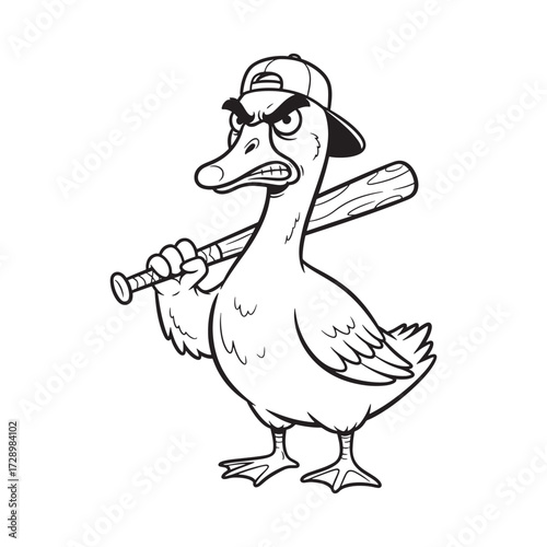 Duck holding baseball bat: A cartoon duck, sporting a baseball cap and holding a baseball bat, embodying a playful, humorous, and slightly mischievous character. 