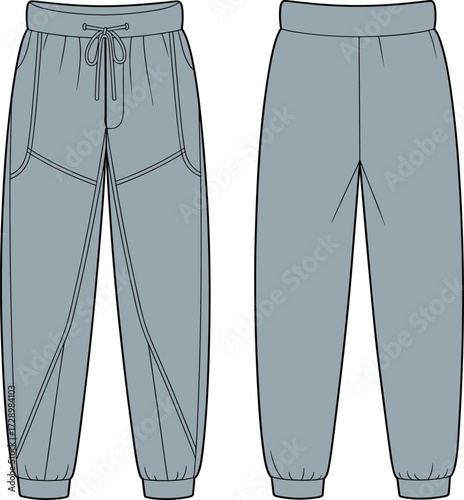 Technical Fashion Flat Drawing of Athletic Jogger Pants with Geometric Seam Detailing, Drawstring Waist, and Ribbed Cuff for a Sportswear and Streetwear Design Vector.