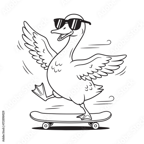 Cool Duck Skateboarding: A stylish duck, rocking sunglasses and a skateboard, perfectly encapsulates carefree fun in this dynamic illustration.  