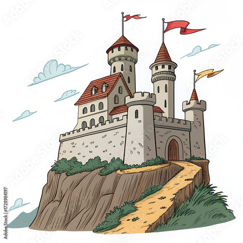 Illustration of a castle with towers and flags on a rocky hill landscape