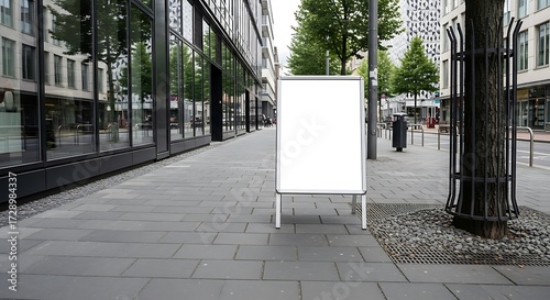An empty sandwich board stands on a sidewalk in front of a modern building.