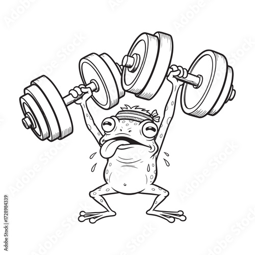 Frog Lifter's Strength: A whimsical frog, strains with determination, lifts weights above his head showcasing the power of perseverance in a playful illustration.