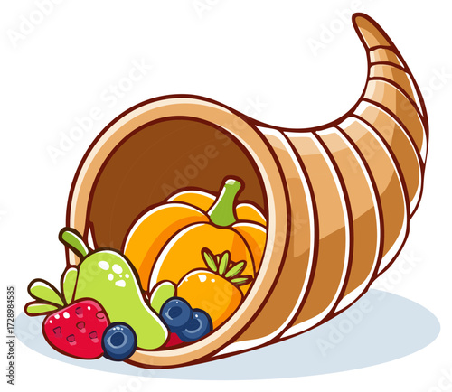 Cartoon cornucopia horn of plenty filled with autumn harvest fruit and pumpkins