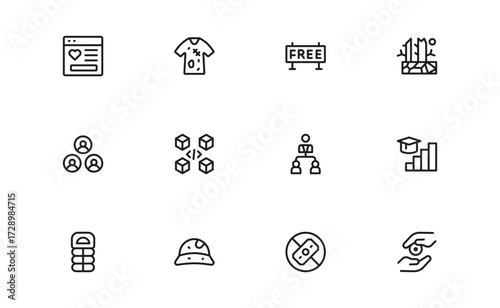 Poverty and Social Justice Line Icon Set. Inequality, need, human struggle, and critical socio-economic challenges and more.