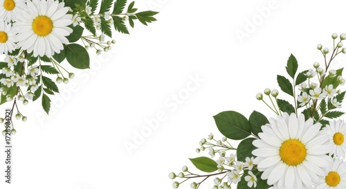 Two corners decorated with daisies and green leaves isolated on white background