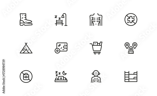 Poverty and Social Justice Line Icon Set. Inequality, need, human struggle, and critical socio-economic challenges and more.