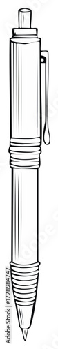 Simple black and white outline drawing of a ballpoint pen with a clip and ribbed details