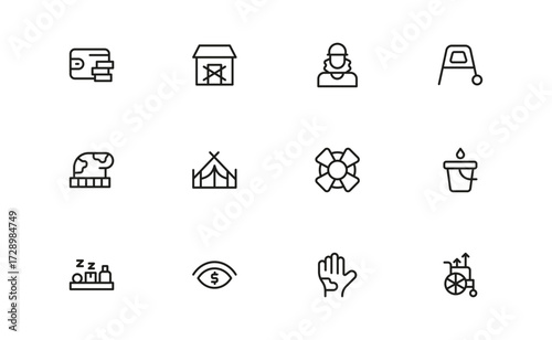 Poverty and Social Justice Line Icon Set. Inequality, need, human struggle, and critical socio-economic challenges and more.