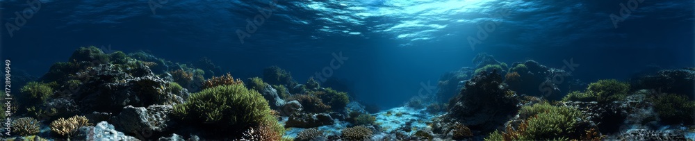 Fototapeta premium Underwater coral reef ecosystem hdri panoramic view ocean depths equirectangular environment