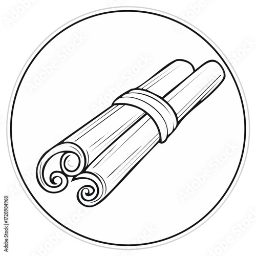 Cinnamon Sticks Tied Together within a Circle Outlined Drawing Isolated