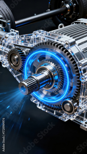 Close up of electric motors and drive axles for new energy vehicles