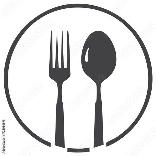 Modern minimalist cutlery icon featuring a fork and spoon enclosed in a circular symbol