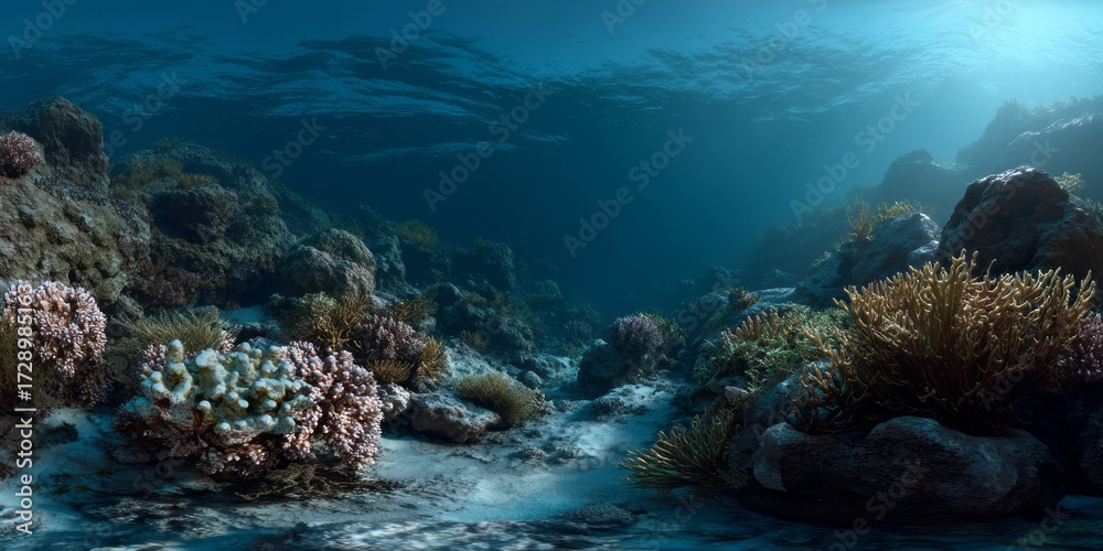 Fototapeta premium Underwater coral reef exploration marine environment hdri panoramic view
