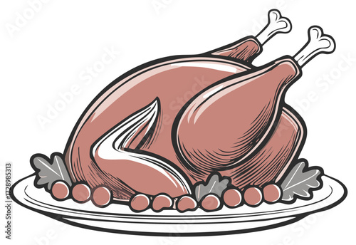 Roasted Thanksgiving Turkey on a Plate Illustration