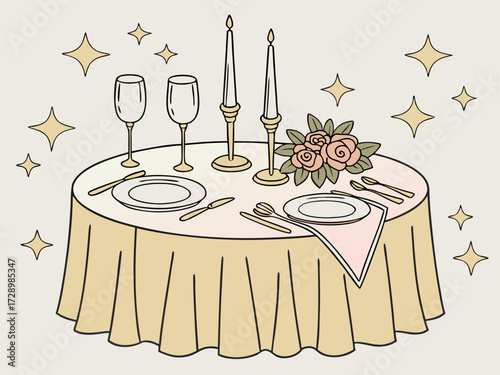 Elegant table setting for a romantic dinner or wedding celebration, with candles, flowers, and sparkling stars, creating a beautiful and inviting atmosphere