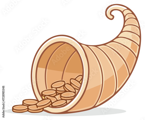 Illustration of cornucopia overflowing with golden coins of abundance