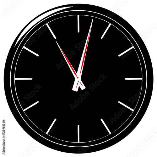 Black wall clock design showing time with red hands, watch, timepiece