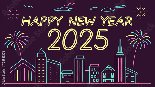 Vibrant neon cityscape celebrates a dazzling Happy New Year 2025 with spectacular fireworks lighting up the night sky