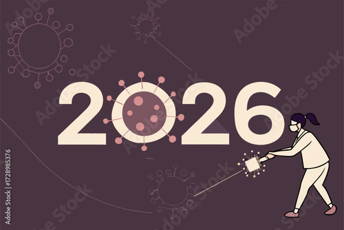 Optimistic 2026 with Scientist Eradicating Virus in Lab, Symbolizing Health Breakthroughs and Scientific Progress, Aiming for a Disease-Free Future