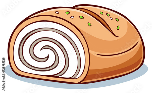 Delicious cartoon Swiss roll cake illustration with creamy white filling and green sprinkles