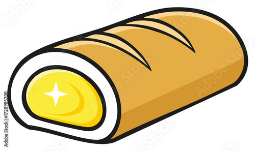 Cartoon illustration of a sweet swiss roll cake with a creamy yellow filling
